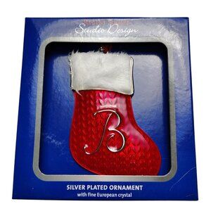 Silver Plated Stocking Ornament With Monogram Initial B Faux Fur Trimmed Accent